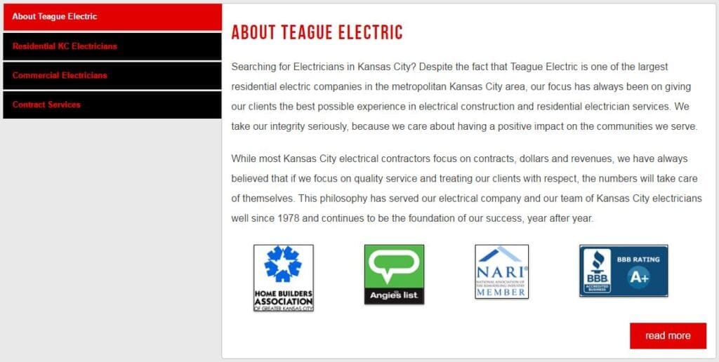 Example of an about page for electrician websites. 