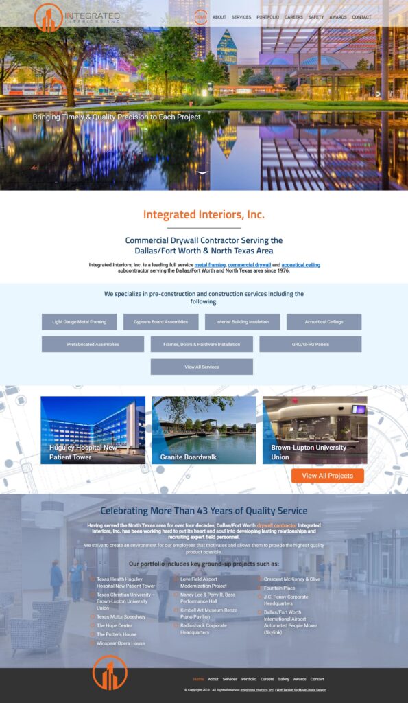 Construction Company Website Content: Screenshot of Integrated Interiors, Inc. home page