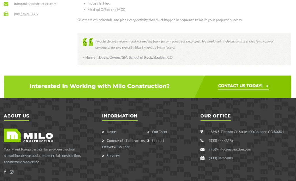 Image of Milo Construction call to action for hiring