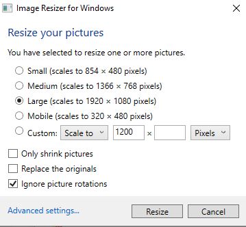 Digital Marketing Tools - screenshot of Image Resizer options in pop-up window