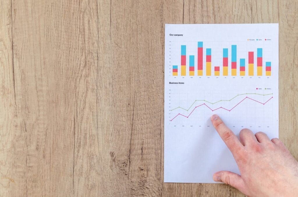 Hand pointing to line graph depicting business growth through marketing plans with bar chart above comparing activities