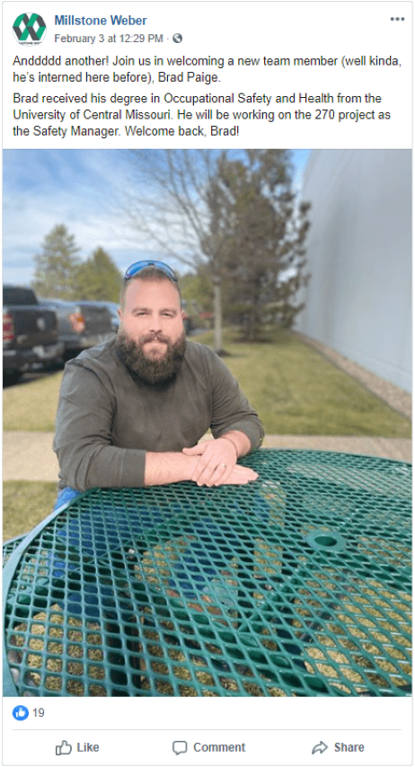 How to Use Facebook to Promote your Construction Company - Millstone Weber introduces Brad Paige as the "not so new" member of their team (he's interned before). The post includes an image of Brad sitting at an outdoor patio table.