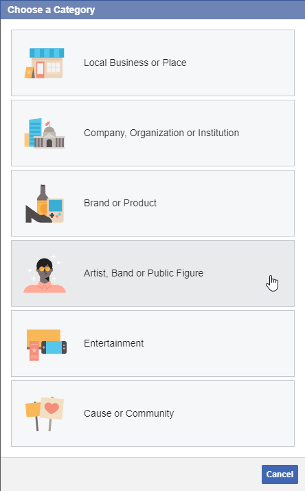 Creating a Company Page on Facebook: Choose a Category — Local Business or Place; Company, Organization or Institution; Brand or Product; Artist, Band or Public Figure; Entertainment; Cause or Community